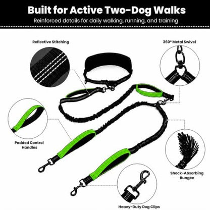 Hands Free Double Dog Leash, 4 Reflective Padded Handles, Adjustable Waist Belt 27-51", Shock-Absorbing Bungee, 360° Swivel Clips, for Small, Medium & Large Dogs, Walking Jogging Running - Image 5