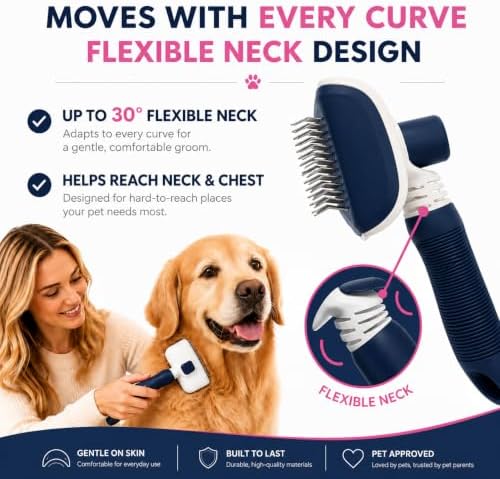 Self-Cleaning Flexible Neck Slicker Brush for Dogs & Cats, Grooming Brush for Deeper Reach with Long Stainless Steel Bristles, Deshedding & Detangling, Daily Use for Sensitive Skin - Image 2