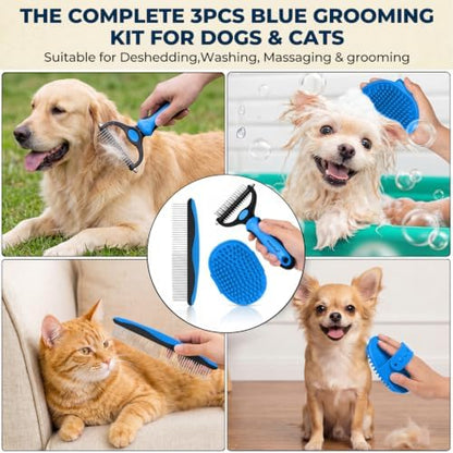 3-in-1 Pet Grooming Kit Rake Metal Comb & Bath Brush Blue - Image 6