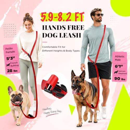 Hands Free Dog Leash, 5.9-8.2ft Multifunctional Crossbody Rope with Explosion-Proof Handle and Adjustable Training Hands Free Leash for Medium Dog Walking Running Hiking Travel Red - Image 3