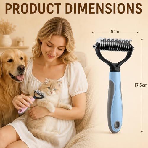 2PCS Pet Grooming Combo - Blue Deshedding Brush with Metal Comb for Detangling and Dematting Long, Matted Fur on Cats and Dogs (2PCS-B) - Image 7