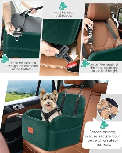 Lealchum Dog Booster Car Seat for Small/Medium Dogs,6in Elevated Cushion,Fully Detachable and Washable,2 Storage Pockets & 3 Straps,Fits in Front/Back Seat,Easy to Install (Green,Medium) - Image 3