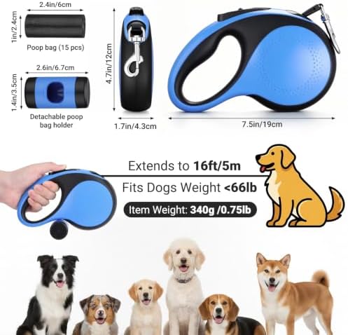 Segarty 16 Ft Retractable Dog Leash with Detachable Poop Bag Holder, 5m Walking Leash for Pets up to 66 lbs, 360°Tangle-Free Dog Lead with Anti-Slip Handle & One-Handed Brake Pause Lock for Outdoors - Image 2