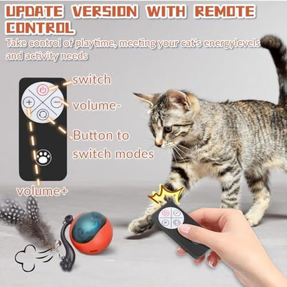 Interactive Cat Toy Ball, Automatic Self-Rolling Cat Toy with Feather Tail, Rechargeable Smart Cat Ball for Indoor Cats（Red） - Image 2