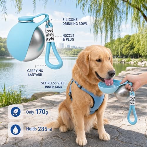 2 in 1 Portable Dog Water Bottle, 2026 New 10oz Spherical Stainless Steel Pet Bottle with Silicone Foldable Bowl,No-Spill Leak-Proof Design,Dog Water Bottle for Walking,Hiking & Travel & Camping-Blue - Image 3