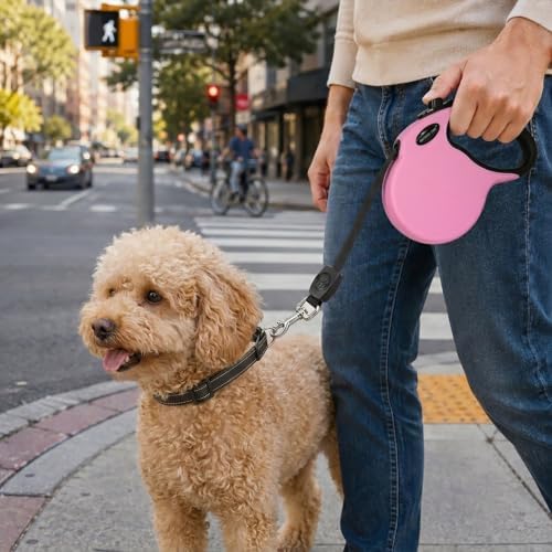 Small 13 FT Retractable Dog Leash – Hands-Free Adjustable Leash for Dogs Up to 22lbs, Tangle-Free Nylon with Ergonomic Grip for Walking, Training & Outdoor Safety Pink S - Image 2