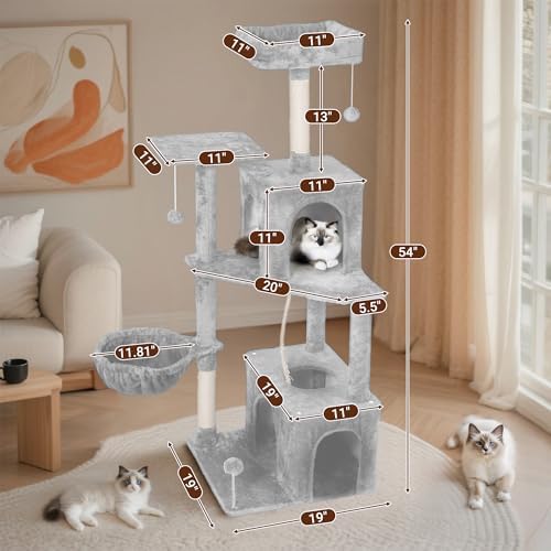 54-Inch Cat Tree Tower with 2 Caves & 2 Pompoms - Multi-Level Tower for Indoor Cats, Soft Plush Condo with Scratching Posts - Sturdy Base for Large Cats (Light Grey01) - Image 3