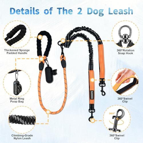 Double Dogs Leash - Removable Main Lead Rope with Splitter, No Tangle 2 Dog Coupler, Reflective No Pull Bungee, 3 Handle, D-Ring, Extra Long for Walk Train Medium Large Two Pet (Orange) - Image 3