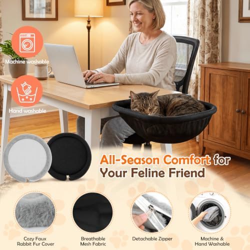 Cat Desk Bed, 90° Foldable Cat Hammock for Desk, Heavy-Duty Steel Frame with Dual Locking Knobs, Large Cat Bed with Washable Faux Fur & Mesh Covers, Fits Desktops up to 2.76", Holds Up to 50 Lbs, Grey - Image 4