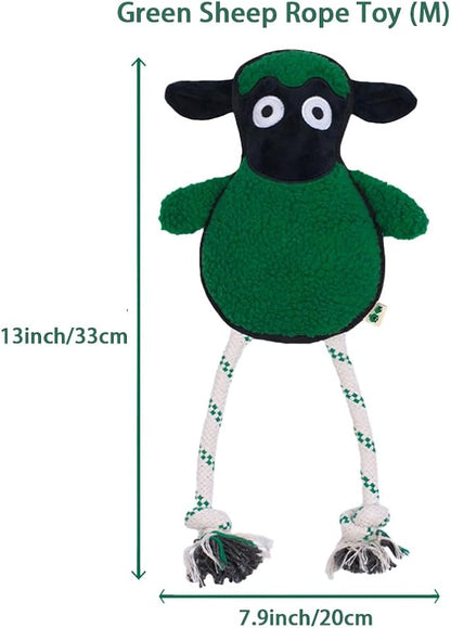 Green Sheep Rope Toy for Dogs, Durable Squeaky Dog Toys for Small Medium Large Dogs, Interactive Plush Fabric Chew Toy with PP Cotton & Recycle Cotton Rope, Tough Stuffed Animals to Keep Them Busy