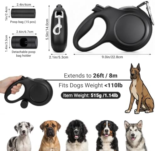 Segarty 26 Ft Walking Lead with Poop Bag Holder for Dogs 66 lbs - 110 lbs, 360°Tangle-Free Leash with Anti-Slip Handle & One-Handed Brake Pause Lock, 8m Retractable Leash for Dog Pets Outside Activity - Image 2