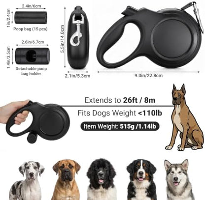 Segarty 26 Ft Walking Lead with Poop Bag Holder for Dogs 66 lbs - 110 lbs, 360°Tangle-Free Leash with Anti-Slip Handle & One-Handed Brake Pause Lock, 8m Retractable Leash for Dog Pets Outside Activity - Image 2