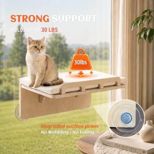PETKARAY Cat Window Perch with Rail, Wood Hammock Window Bed for Cats - Image 3