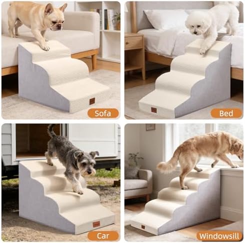 Dog Stairs for Small Dogs,15.7" H,3-Step Curved Pet Ramp for Bed Couch Sofa and Chair,Non-Slip Pet Steps for Injured & Senior Pets with Washable Cover and Durable High Density Foam,Beige - Image 2