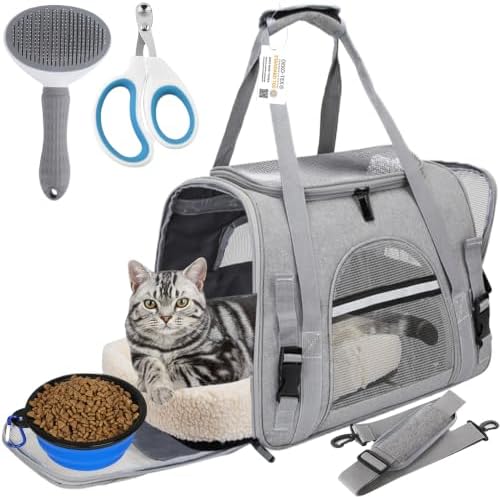 Pet Carrier Bag Airline Approved Up for Cats and Dogs Up to 20LBs, Soft Cat Carrier Dog Carrier Travel Kitten Carrier with Mat, Nail Clipper, Brush, Foldable Bowl Cat Accessories by SZZJKJ