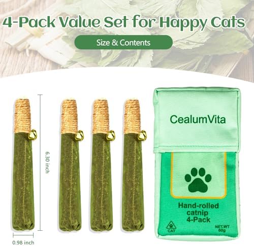 4-Pack Catnip Toys for Cats - Hand-Rolled with Hemp Rope & Bell Safe Teething Fun + Stress Relief Toys for Indoor Cats & Multi-Kitten Homes (Green) - Image 3