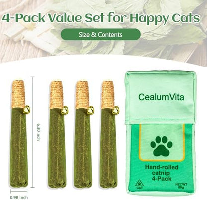 4-Pack Catnip Toys for Cats - Hand-Rolled with Hemp Rope & Bell Safe Teething Fun + Stress Relief Toys for Indoor Cats & Multi-Kitten Homes (Green) - Image 3