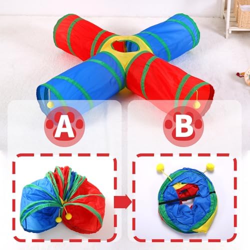 Pet Cat Tunnel, 4 Way Tunnels for Indoor Cats, Collapsible Pet Tunnel for Kitten, Puppy, Rabbit, 25cm-Wide Tunnels, Durable & Breathable, with Peek Hole Toy Ball - Image 4