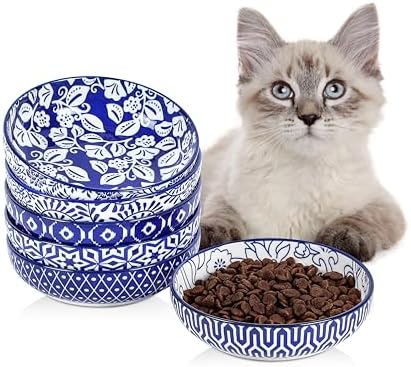 Selamica 5.6 Inch Ceramic Cat Bowls, Set of 6, Vintage Blue by Selamica