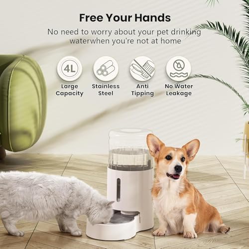 CZPET Automatic 4L/135Oz/1Gal Cat Water Dispenser with Stainless Steel Bowl, Gravity Waterer for Small Medium Dog Puppy Kitten (White) - Image 2