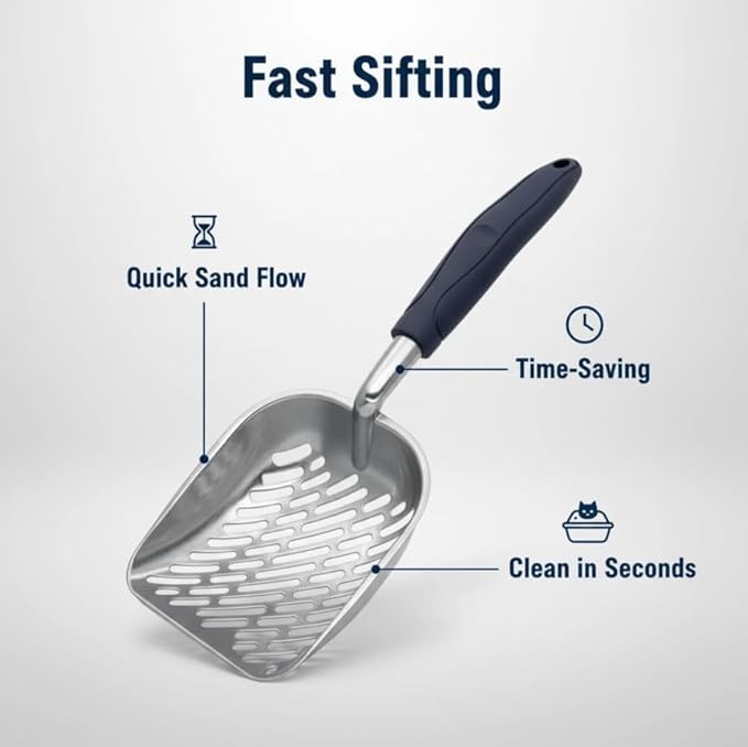 Aluminum Cat Litter Scoop in Holder, Non-Stick Cat Poop Scooper with Holder, Fast Sifting Kitten Poop Lifter and Caddy