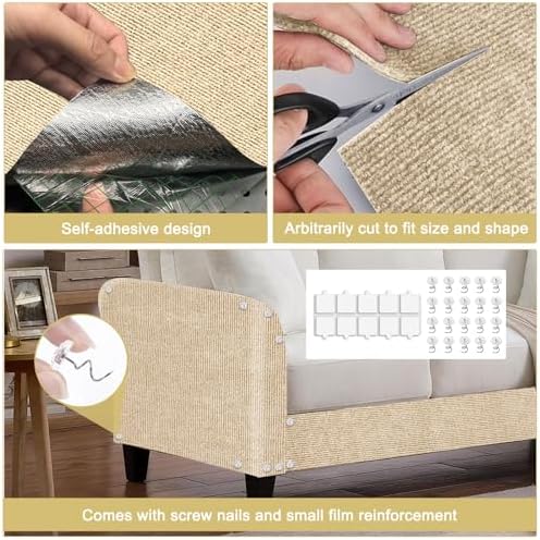 Cat Scratch Mat,118.5"x15.9" Trimmable Self-Adhesive Cats Scratch Carpet,Couch Protector from Cats Claw, Cat Scratch Furniture Protector, Indoor Furniture Protection for Chair, Wall, Sofa (Beige) - Image 3