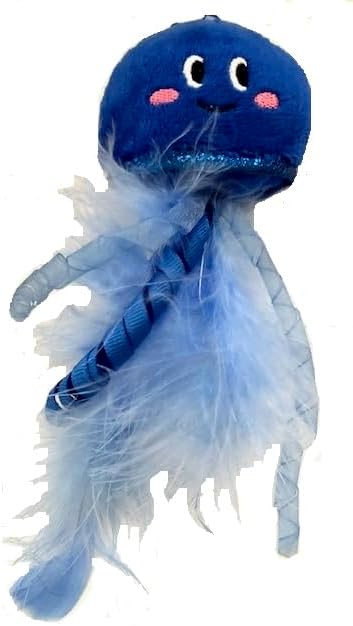 Blue Jellyfish Cat Toy with Catnip. Feathers and Streamers Eight Inches Tall.