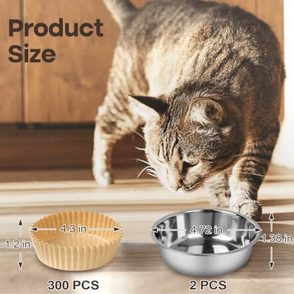 Cat Bowl Set (300 Disposable Pet Bowl Liners with 2 Stainless Steel Bowls) - Image 2