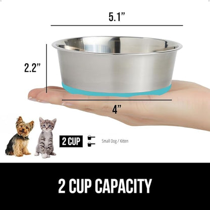 GORILLA GRIP Dog Bowl, Holds 2 Cups (16 fl oz), Food Grade 304 Stainless Steel Food and Water Bowl for Feeding Dogs and Cats, BPA Free Rubber Base, Easy Clean, Dishwasher Safe Rust Resistant Turquoise