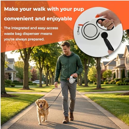 16ft Retractable Dog Leash for Medium Dogs up to 66 lbs, with Waste Bag Dispenser, 5m Heavy Duty Nylon Tape, 360° Tangle-Free, One-Handed Brake & Lock, Anti-Slip ABS Handle (16FT-White) - Image 4