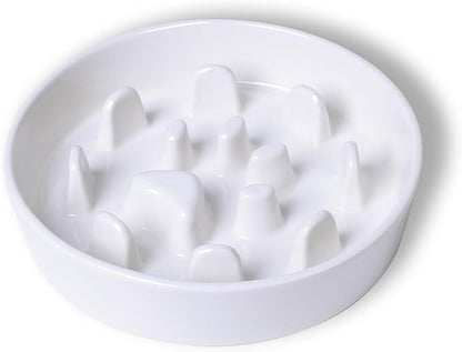 Dog Slow Feeder Bowl, Round Ceramic Pet Food Bowl for Medium Breed, Fun Raised Dog Bowls to Slow Down Eating (White)