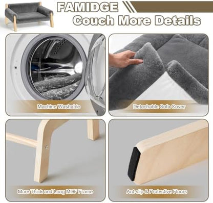 FAMIDGE Elevated Cat Couch Bed for Indoor Cats - Wooden Pet Sofa with Removable Washable Thick Cover Raised Kitty Lounge Chair Suitable for Puppy or Small Animals(Cat Sofa Light Grey) - Image 4