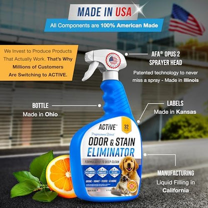 Pet Odor and Stain Eliminator - 32 oz ACTIVE Enzyme Cleaner for Dog & Cat Urine, Stain Remover Spray for Carpet, Upholstery, Hardwood, Spot Cleaning, Deodorizer for Dogs Cats Pets - Natural Citrus Oil - Image 6