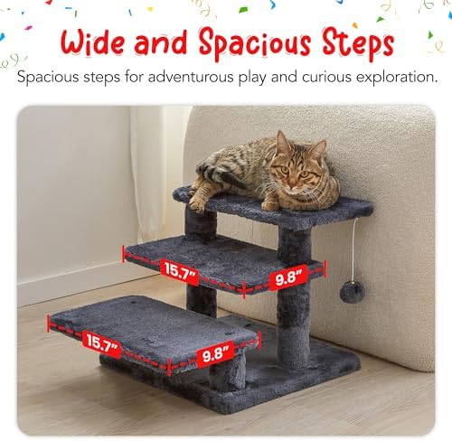 15''H Multi-Step Pet Stairs for High Beds & Sofas, 3-Step Cat Stairs with 2 Toy Balls, Wide Boards for Indoor Kittens Dogs Pets Climbing, Smoky Grey - Image 4