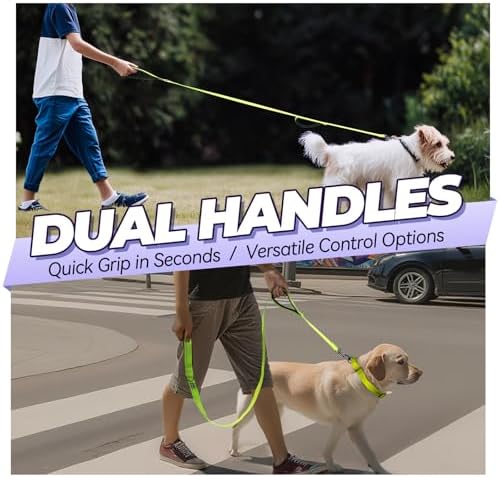 VIVAGLORY Double Handle Dog Leash Twingrip, 6ft x 1in, Neon Yellow - Image 2