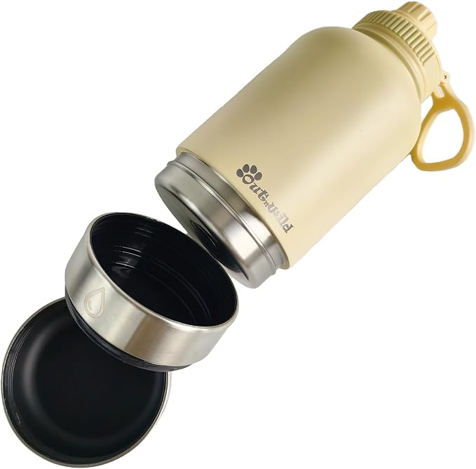 OUT 'N WILD Portable Dog Insulated Water Bottle & Bowls - All-in-One Travel Accessories Pet Food & Liquids for Car, Hiking, Camping - Leak-Proof, Double Walled - 32 oz, 2 Dog Bowls, Beige