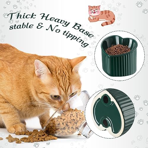 Mumufy 2 Pcs Ceramic Elevated Cat Bowls Tilted Elevated Raised Pet Bowls Anti Vomit Cat Dish for Indoor Stress Free Water Dish Feeder for Puppies, Heart Shaped(Macaron Blue, Peacock Green) - Image 5