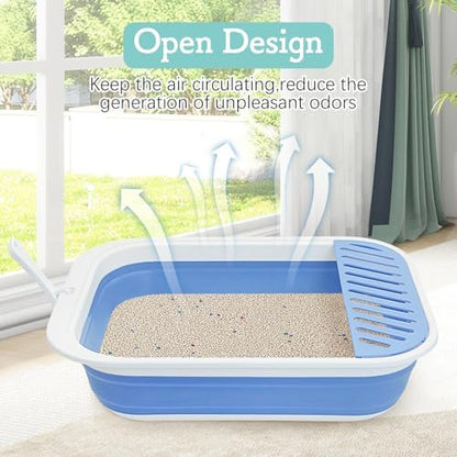 Fhiny Kitten Litter Box Portable Shallow Litter Box 17.7"x13.4"x4.9" Foldable Cat Toilet with Scoop Open Kitty Potty Pan with Litter Drop Pedal Easy to Clean Travel Kitten Toilet(Blue) - Image 5