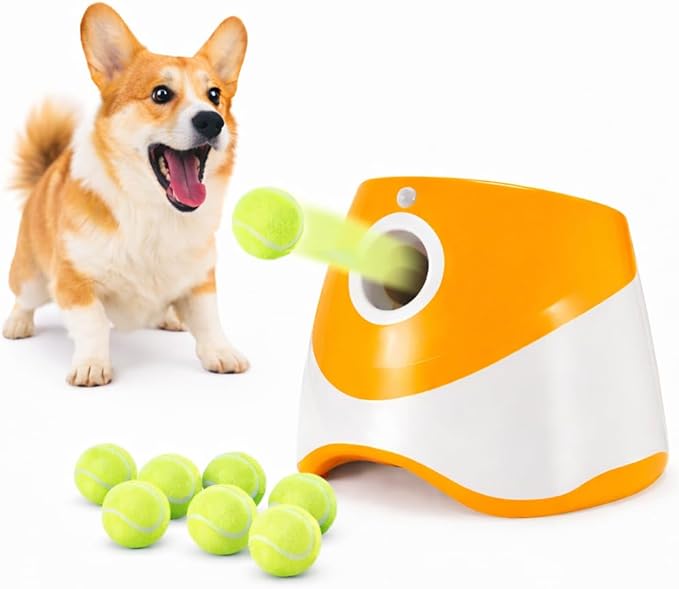 Automatic Ball Launcher Dogs: Interactive Fetch & Training Tool, Smart Mini Tennis Ball Thrower with 3-Setting Distance Control, Ultimate Self-Play Fetch Machine: Independent Fun & Exercise, Orange