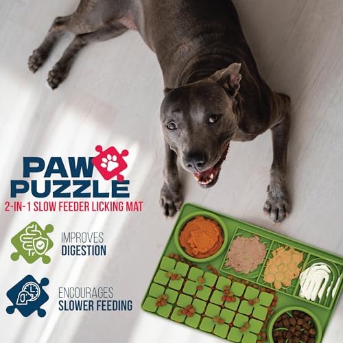 Palz&Co Paw Puzzle 2-in-1 Slow Feeder & Lick Mat - Large 15.75"x10.5" Green Non-Slip Silicone Mat for Dogs & Cats, Dry or Wet Food, Enrichment Puzzle Feeder, Dishwasher Safe - Image 2