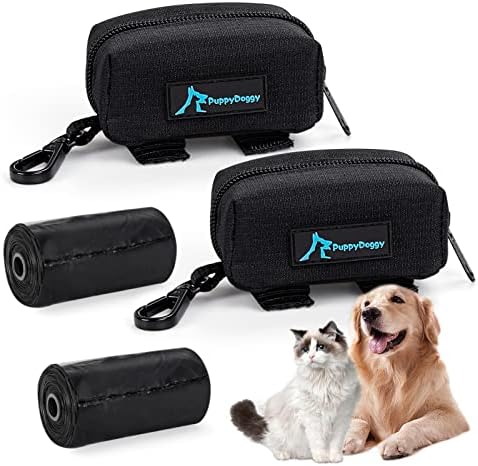 2 Pack Poop Bag Holder for Dogs and Cats Black Waste Bag Dispenser Poop Bag Pouch Dispenser with 2 Roll of Free Poop Bags for Leash Accessory Bicycle (Black, 2 Pack) by PuppyDoggy