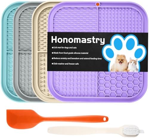Lick Mat for Dogs, Premium Lick Pad with Suction Cups for Dog Anxiety Relief, Slow Feeder Dog Bowls, Bathing, Grooming and Training (Cyan, Purple, Beige, Grey, 4pack) by Honomastry