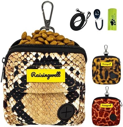 Dog Treat Pouch for Pet Walking and Training with Clicker Poop Bags and Double Bag Design Small Fanny Zipper Pack Holder for Puppy Snack Dispenser Kit for Leash and Outdoor Use Snake Skin by Raisingwell