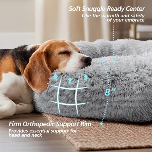 JOLLYVOGUE Calming Dog Bed for Small Dogs - 23 inches Donut Washable Small Dog Bed for Kittens & Puppies, Anti-Slip Round Fluffy Plush Faux Fur Cat Beds (Fits up to 25 lbs Pets, Grey) - Image 3