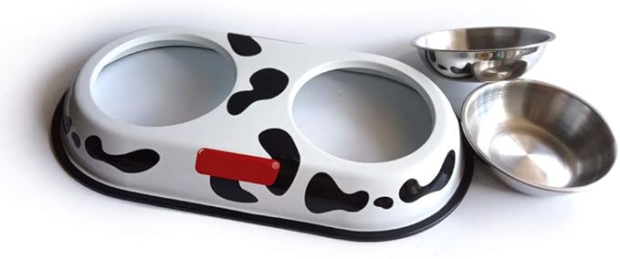 Spot Pattern Round Stainless Steel Dog and Cat Food Double Bowl Drinking Bowl Pet Supplies with Metal Anti Slip Base (L-Round-Pattern)