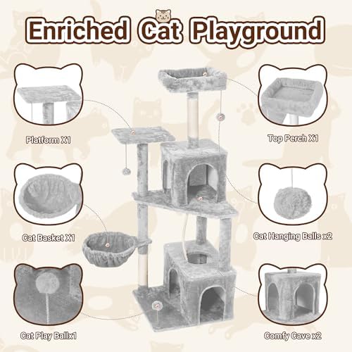 54-Inch Cat Tree Tower with 2 Caves & 2 Pompoms - Multi-Level Tower for Indoor Cats, Soft Plush Condo with Scratching Posts - Sturdy Base for Large Cats (Light Grey01) - Image 2