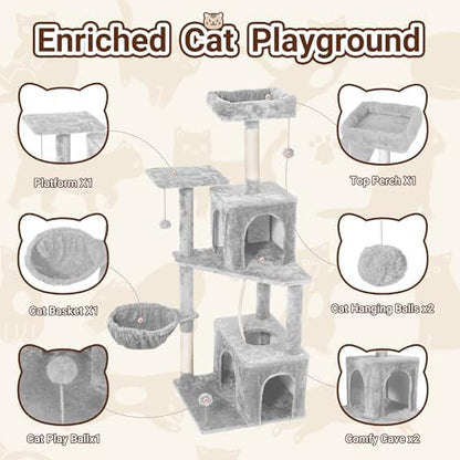 54-Inch Cat Tree Tower with 2 Caves & 2 Pompoms - Multi-Level Tower for Indoor Cats, Soft Plush Condo with Scratching Posts - Sturdy Base for Large Cats (Light Grey01) - Image 2