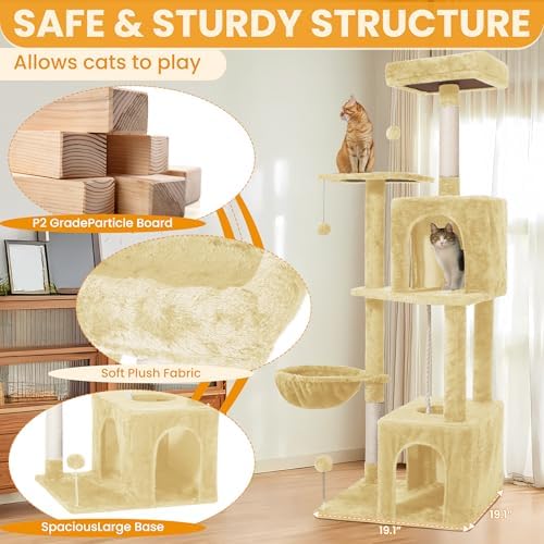 54-Inch Cat Tree Tower with 2 Caves & 2 Pompoms - Multi-Level Tower for Indoor Cats, Soft Plush Condo with Scratching Posts - Sturdy Base for Large Cats(Beige) - Image 3