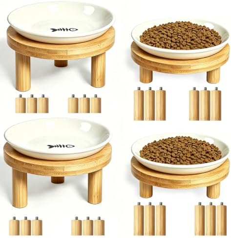 Shallow Elevated Cat Bowls, 2, White (Fish Bone), Bamboo Stand by Unknown
