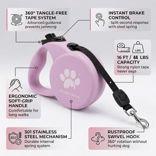 Chew Proof Retractable Dog Leash for Medium Dogs up to 44lbs, 16ft Heavy Duty Dog Lead with Anti-Chewing Steel Wire Rope, Tangle-Free, One-Hand Brake & Lock, Pink M - Image 3
